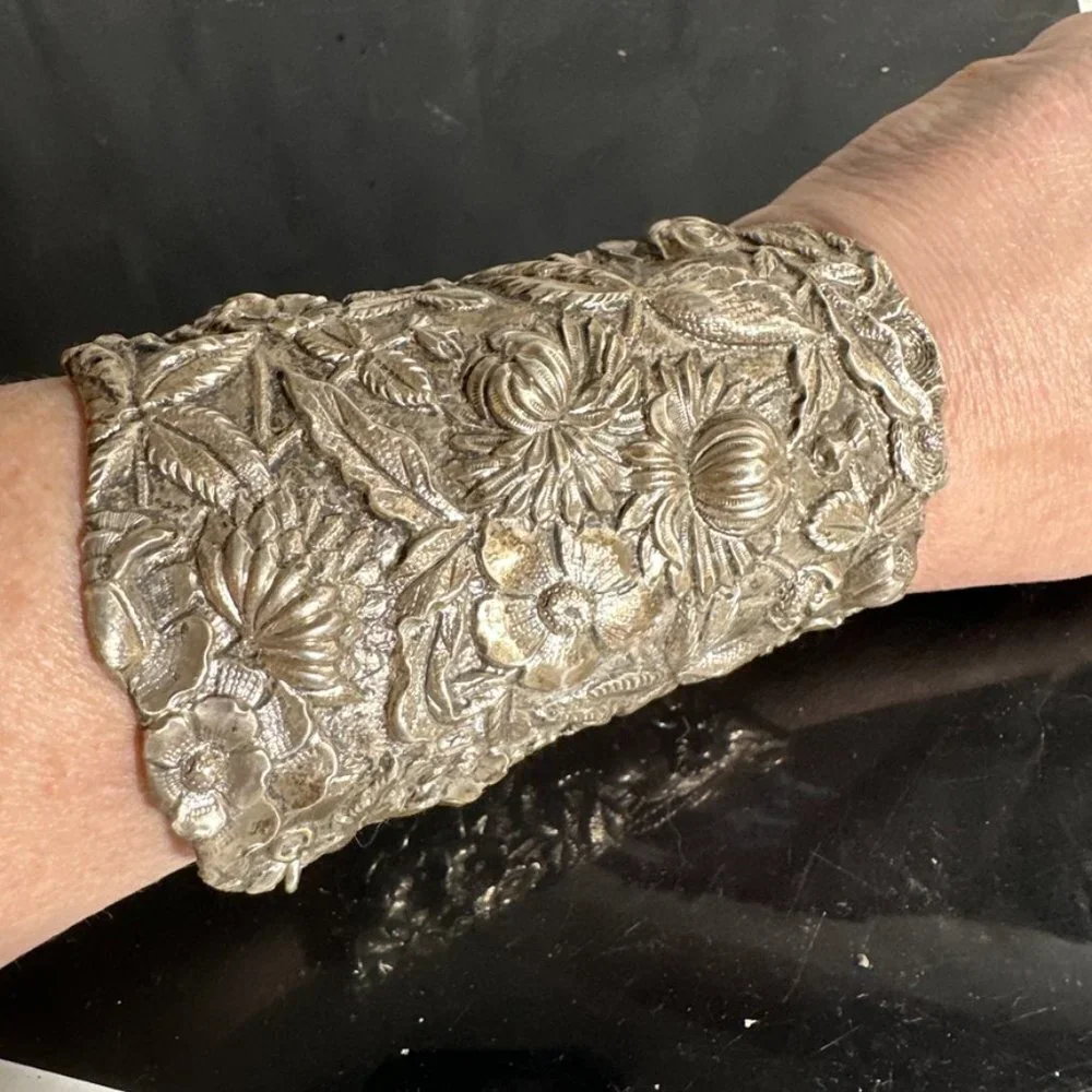 Floral Sterling Silver Cuff Bracelet Wide Art Nouveau 925 Kirk Stieff Repoussé